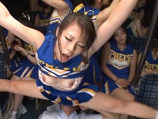 Kinky Japanese cheerleaders succeed in hold of aloft on a bus